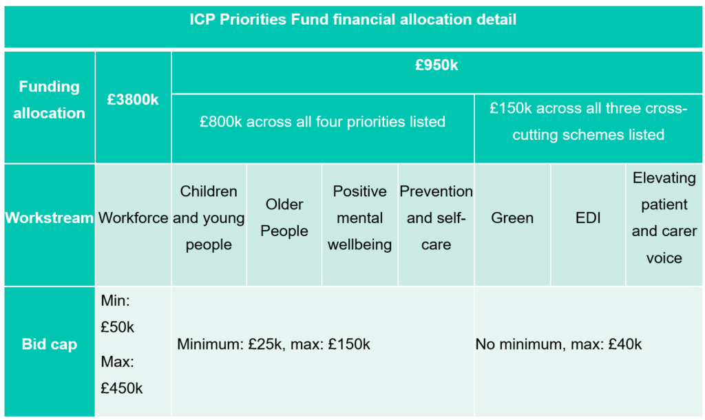 Table showing the ICP Priorities Fund financial allocation detail