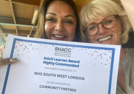 Anisha Patel, Mayors Skills Academy Project Manager, and Wendy Majewska, Programme Manager at Richmond Training Hub, holding the the Community Partner of the Year award at the Richmond and Hillcroft Adult Community College Awards 2023.