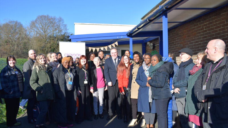 A group photo of partners and the Mayor of Croydon outside the Family Hub.